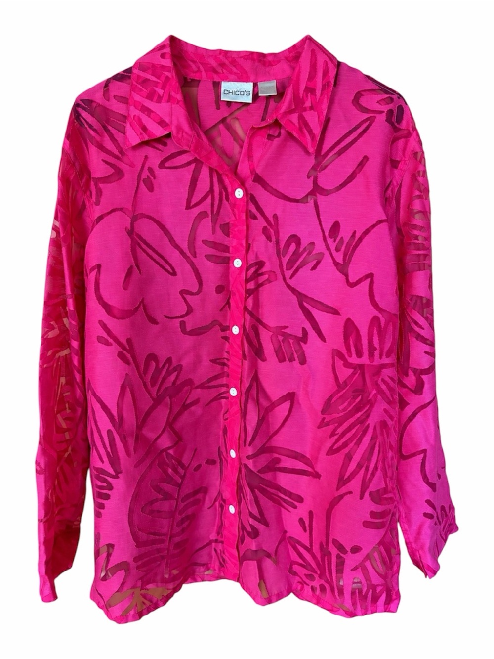 Chico's | Bright Pink Floral Sheer Button-Down Shirt